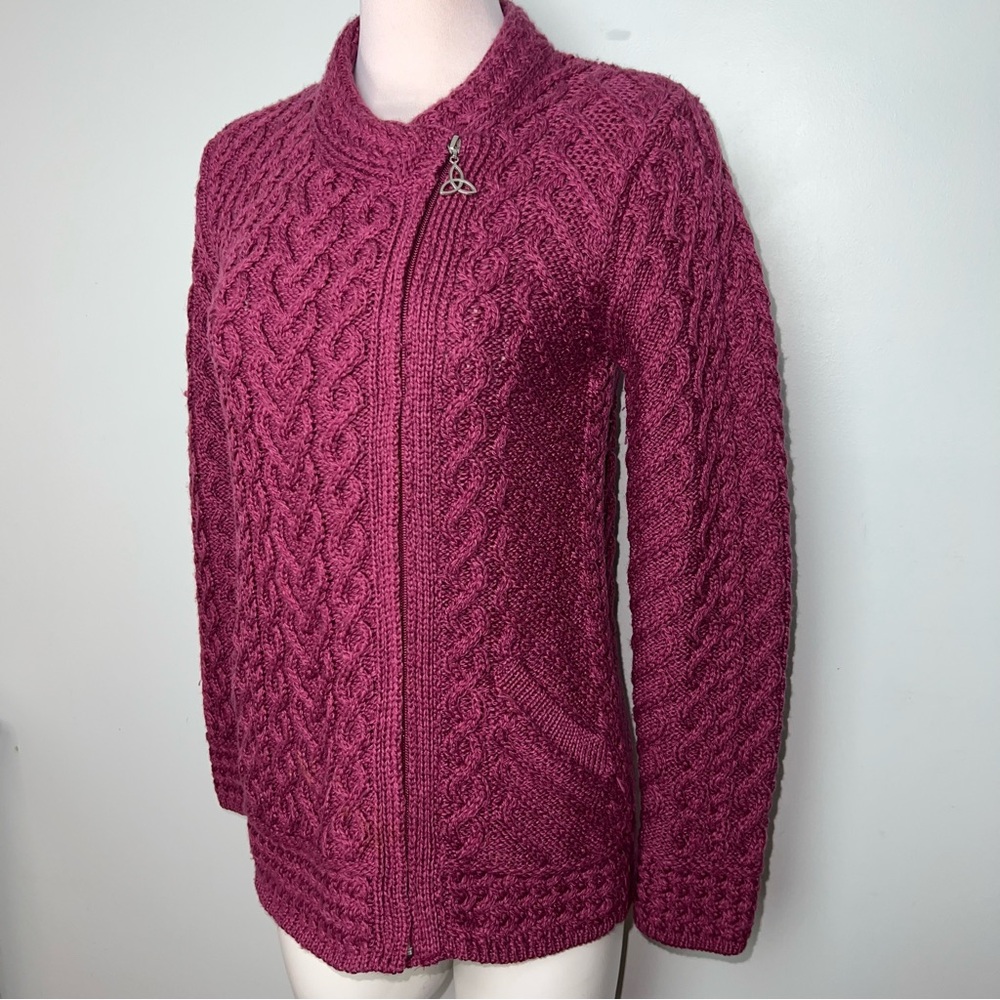 Aran Crafts Ireland Super Soft Merino Wool Celtic Knit Zip Cardigan Sweater M - Picture 3 of 15
